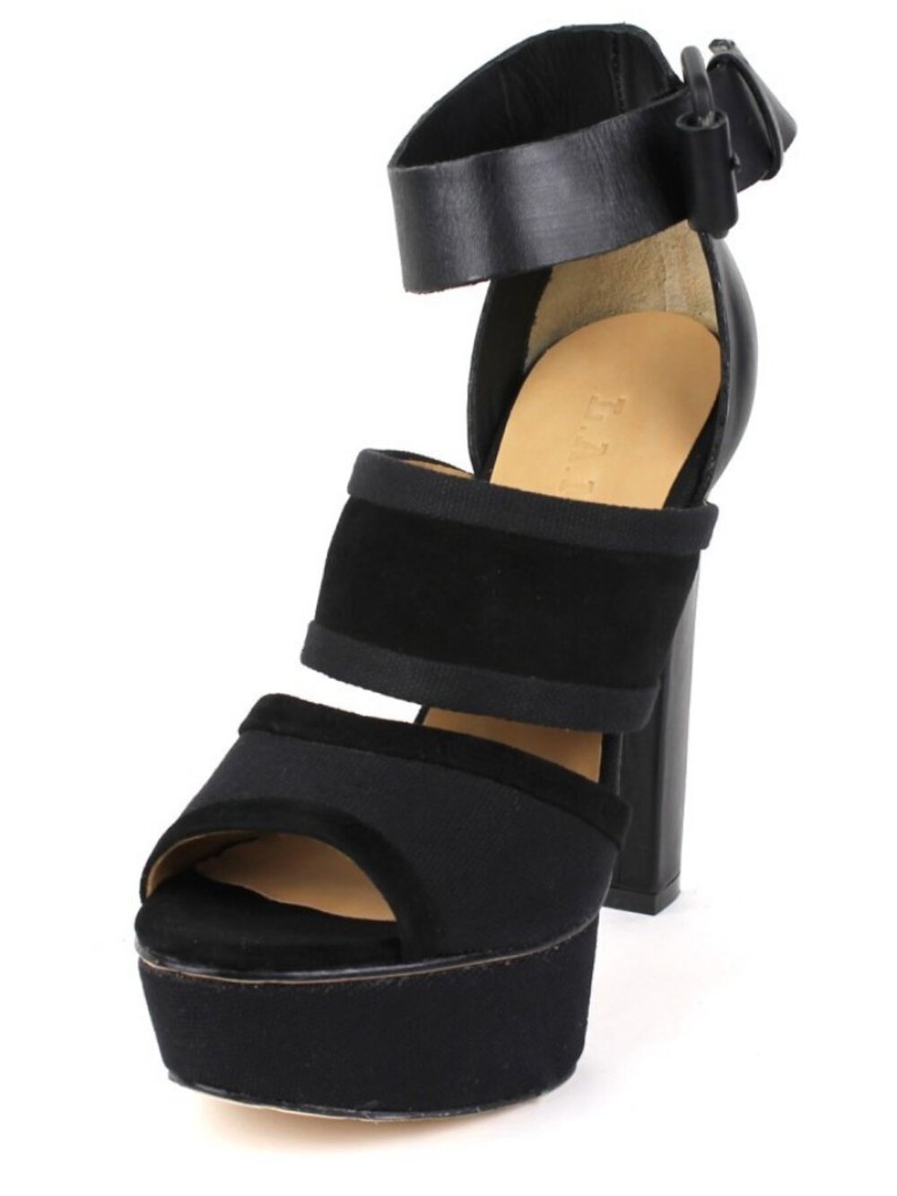 Gwen Stefani L.A.M.B. Burnet Black Sandal Heels Leather Canvas Platform Buckle